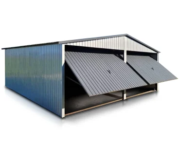 Garaż blaszany dwustanowiskowy 6x5.5 m – Dach dwuspadowy, Brama uchylna, Aluminium