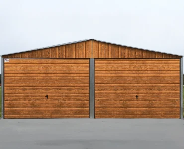 Garaże blaszane na wymiar Zamów garaż blaszany | LiderStal 11 Blaszak dwustanowiskowy 6x5 m - Dach dwuspadowy, Brama uchylna, Drewnopodobny