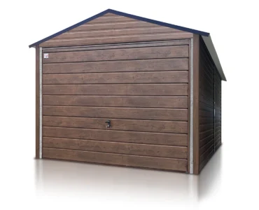 Garaż jednostanowiskowy 3x4 m - Dach dwuspadowy, Brama uchylna, Drewnopodobny