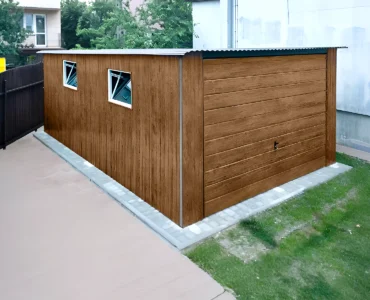 Garaż blaszany pojedynczy 3x5 m drewnopodobny - Dach jednospadowy, Brama uchylna