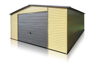 Garaż blaszany 5.5x5 m – Dach dwuspadowy, Brama uchylna, Piaskowy