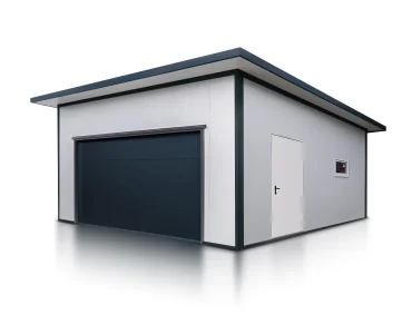 Garaż z płyty warstwowej 6x6 m – Biały, Brama segmentowa grafit, 1x drzwi białe, 1x okno