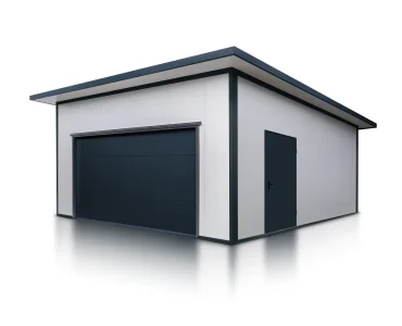Garaż z płyty warstwowej 6x6 m – Biały, Brama segmentowa grafit, 1x drzwi grafit