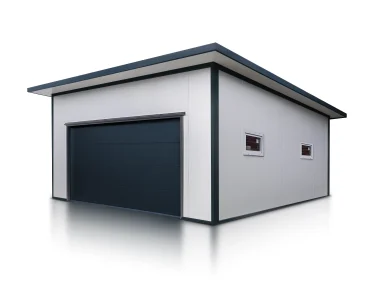 Garaż z płyty warstwowej 6x6 m – Biały, Brama segmentowa grafit, 1x drzwi grafit, 2x okno