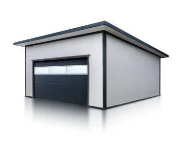Garaż z płyty warstwowej 6x6 m – Biały, Brama segmentowa grafit, przeszklenie