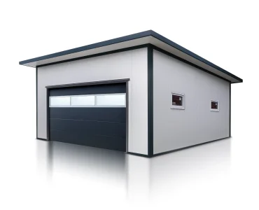 Garaż z płyty warstwowej 6x6 m – Biały, Brama segmentowa grafit, przeszklenie, 2x okno