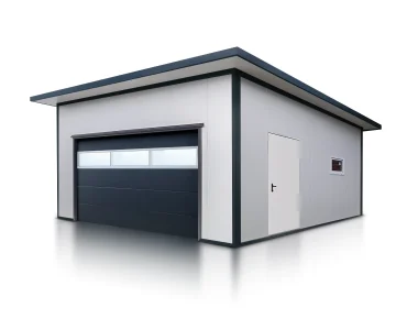 Garaż z płyty warstwowej 6x6 m – Biały, Brama segmentowa grafit, przeszklenie, 1x drzwi białe, 1x okno