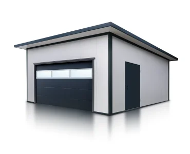 Garaż z płyty warstwowej 6x6 m – Biały, Brama segmentowa grafit, przeszklenie, 1x drzwi grafit