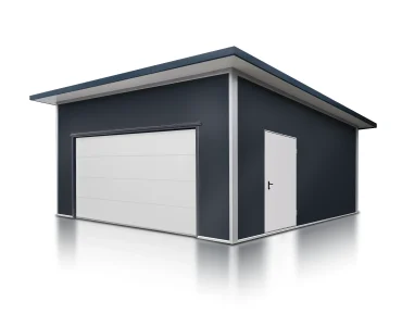 Garaż z płyty warstwowej 6x6 m – Grafit, Brama segmentowa biały, 1x drzwi białe
