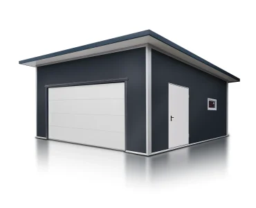 Garaż z płyty warstwowej 6x6 m – Grafit, Brama segmentowa biała, 1x drzwi białe, 1x okno