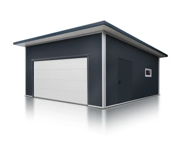 Garaż z płyty warstwowej 6x6 m – Grafit, Brama segmentowa biała, 1x drzwi grafit, 1x okno