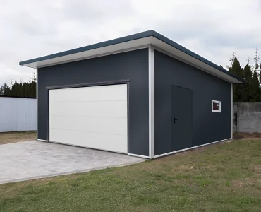 Garaż z płyty warstwowej 6x6 m – Grafit, Brama segmentowa biała, 1x drzwi grafit, 1x okno