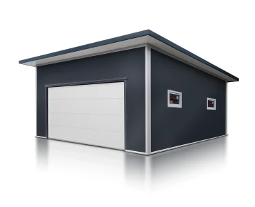 Garaż z płyty warstwowej 6x6 m – Grafit, Brama segmentowa biała, 1x drzwi grafit, 2x okno