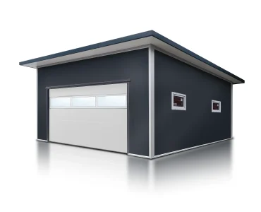 Garaż z płyty warstwowej 6x6 m – Grafit, Brama segmentowa biała, przeszklenie, 1x drzwi grafit, 2x okno