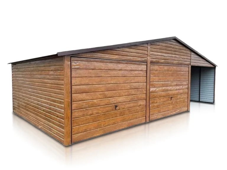 alt="Garaż blaszany blaszak drewnopodobny 6x6m wiatka 3m"