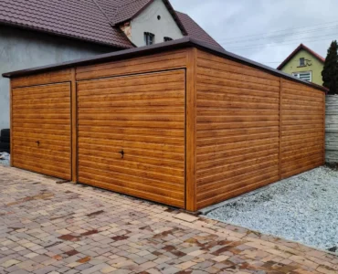 Blaszak podwójny 6x6 m drewnopodobny - Dach jednospadowy, Brama uchylna, Drewnopodobny