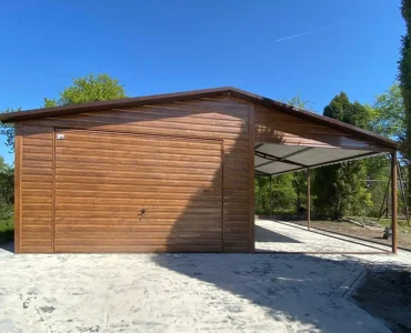 Garaż blaszany 4x6 m – Dach dwuspadowy, Brama uchylna, Drewnopodobny, Wiata 3 m