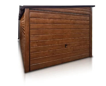 Garaż blaszany pojedynczy 4x5m drewnopodobny - Dach jednospadowy, Brama uchylna