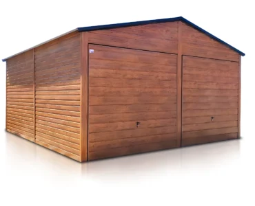 Garaż blaszany dwustanowiskowy 6x6 m drewnopodobny - Dach dwuspadowy, Brama uchylna, Drewnopodobny