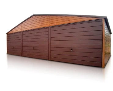 Garaż trzystanowiskowy 9x5 m drewnopodobny - Dach dwuspadowy, Brama uchylna