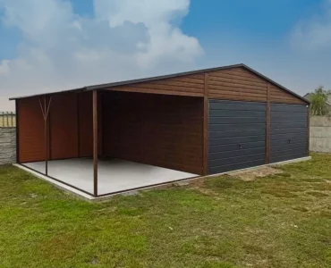 Garaż dwustanowiskowy 6x5 m wiata 3 m - Dach dwuspadowy, Brama uchylna, Drewnopodobny