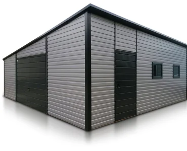 Garaż blaszany 7x7 m – Dach jednospadowy, Brama uchylna, Aluminium
