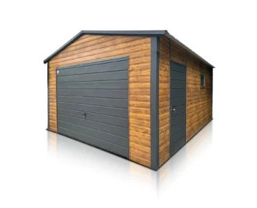 Garaże blaszane na wymiar Zamów garaż blaszany | LiderStal 12 Garaż jednostanowiskowy 4x6 m - Dach dwuspadowy, Brama uchylna, Drewnopodobny