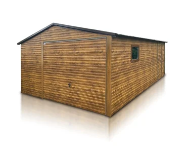 Garaż blaszany 4.5x6 m – Dach dwuspadowy, Brama uchylna, Drewnopodobny