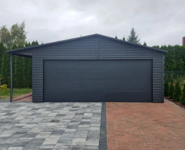 Garaż jednostanowiskowy 6x6 m wiata 1 m - Dach dwuspadowy, Brama segmentowa, Grafit