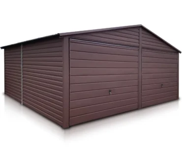 Garaż dwustanowiskowy blaszak 6.5x5.5 m ciemny brąz - Dach dwuspadowy, Brama uchylna