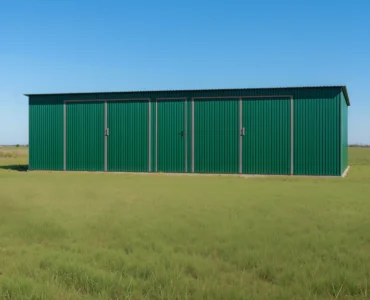 Garaż blaszany 10×6 m dwustanowiskowy – Dach jednospadowy, Bramy dwuskrzydłowa, Zielony