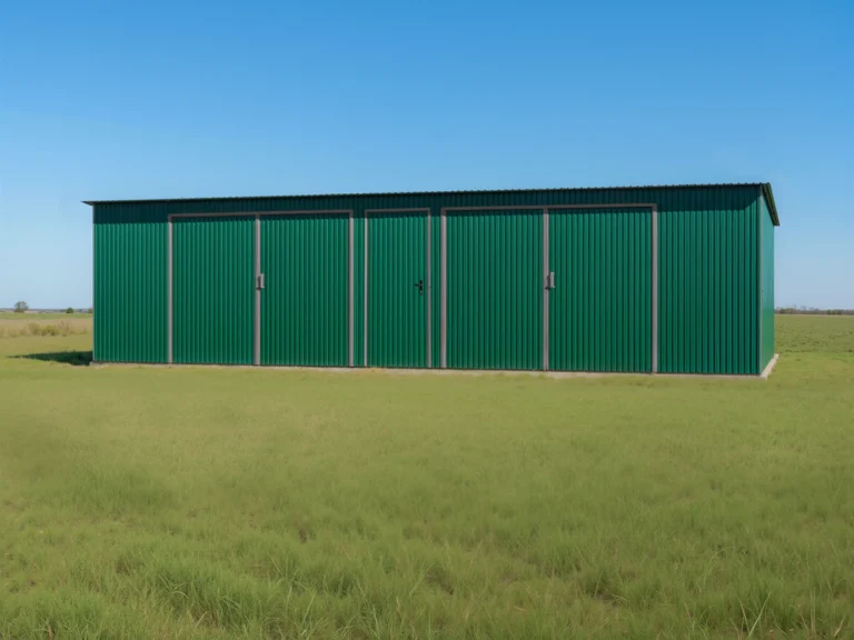 Garaż blaszany 10×6 m dwustanowiskowy z dachem jednospadowym i zielonym wykończeniem