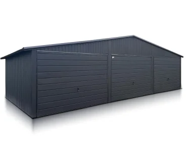 Garaż blaszany trzystanowiskowy 9x6 m – Dach dwuspadowy, Brama uchylna, Grafit