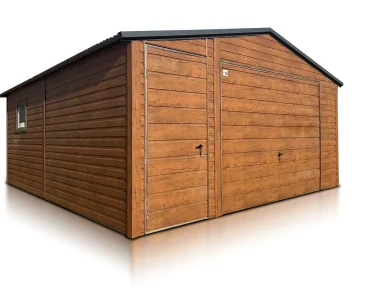 Garaż blaszany 5x5 m – Dach dwuspadowy, Brama uchylna, Drewnopodobny