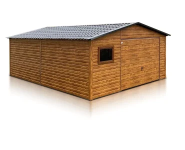 Garaż blaszany 5x6 m – Dach dwuspadowy, Brama uchylna, Drewnopodobny