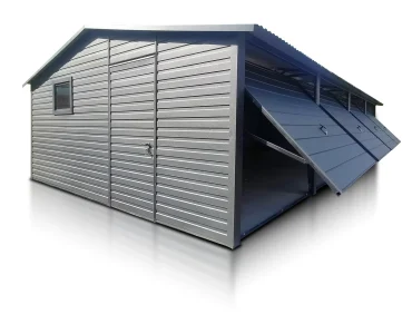 Garaż blaszany 12x5 m – Dach dwuspadowy, Brama uchylna, Grafit