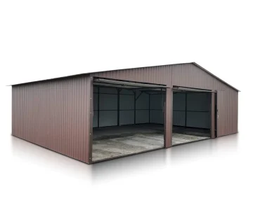 Garaż blaszany dwustanowiskowy 9x6 m – Dach dwuspadowy, Brama uchylna, Ciemny Brąz
