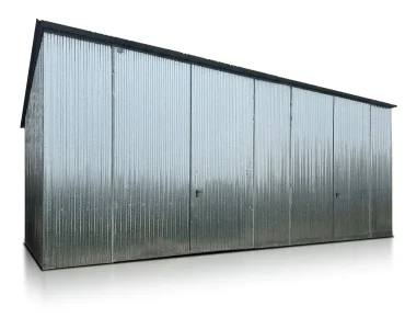 Garaż blaszany dwustanowiskowy 9x5 m – Dach jednospadowy, Brama dwuskrzydłowa, Ocynk