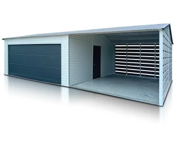 Garaż blaszany 5.5x5.5 m – Dach dwuspadowy, Brama segmentowa, Biały