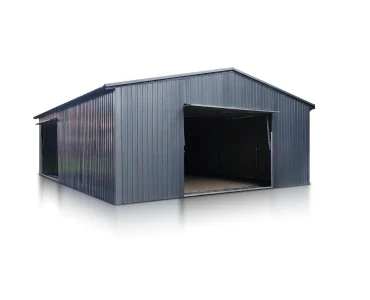 Garaż blaszany dwustanowiskowy 6x8 m – Dach dwuspadowy, Brama uchylna, Grafit