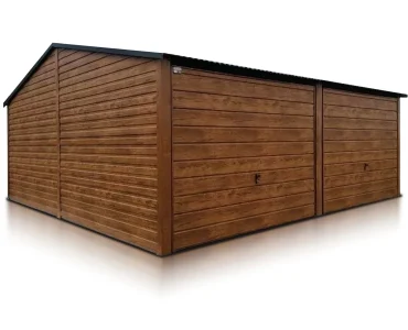 Garaż blaszany dwustanowiskowy 6x6 m – Dach dwuspadowy, Brama uchylna, Drewnopodobny