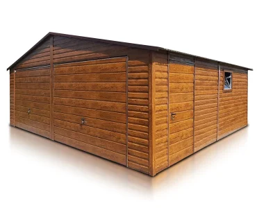 Garaż blaszany dwustanowiskowy 6.5x5.5 m – Dach dwuspadowy, Brama uchylna, Drewnopodobny