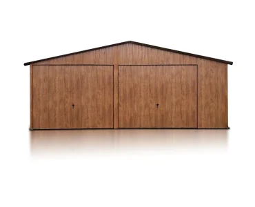 Garaż blaszany dwustanowiskowy 6.5x5 m – Dach dwuspadowy, Brama uchylna, Drewnopodobny