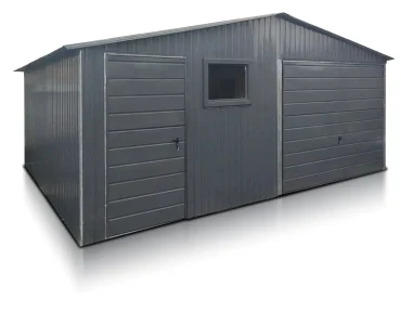 Garaż blaszany 5.5x5 m – Dach dwuspadowy, Brama uchylna, Grafit