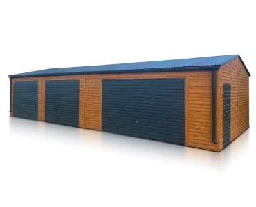 Garaż blaszany trzystanowiskowy 13x6 m – Dach dwuspadowy, Brama uchylna, Drewnopodobny