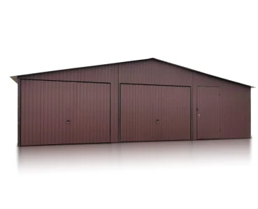 Garaż blaszany dwustanowiskowy 9x5 m – Dach dwuspadowy, Brama uchylna, Ciemny Brąz