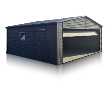 Garaż blaszany 5.9x5.8 m – Dach dwuspadowy, Brama segmentowa, Grafit