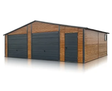 Garaż blaszany dwustanowiskowy 8x5 m – Dach dwuspadowy, Brama uchylna, Drewnopodobny