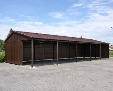 Wiata stalowa 30x8 m Dach dwuspadowy Ciemny brąz