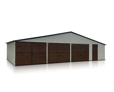 Garaż blaszany trzystanowiskowy 12x6 m – Dach dwuspadowy, Brama uchylna, Drewnopodobny Biały
